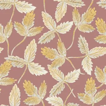 Seamless pattern with glittering strawberry leaves. Elegant luxury endless print Stock Illustration