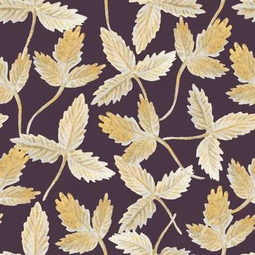 Seamless pattern with glittering strawberry leaves. Elegant luxury endless print Stock Illustration