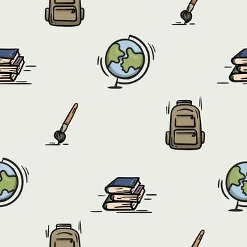 Seamless pattern with globe, backpack, textbooks Stock Illustration