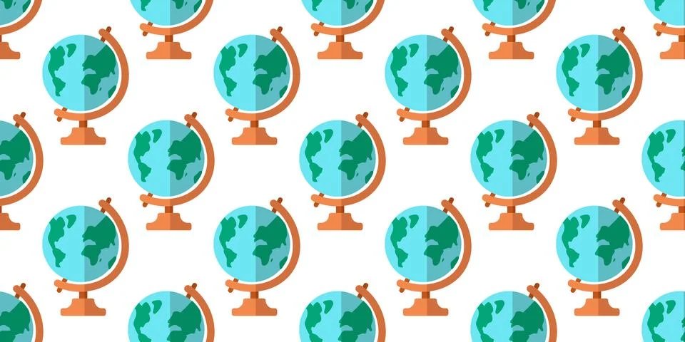Seamless pattern of Globes on white background. Planet Earth. School subject on Stock Illustration
