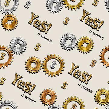Seamless pattern with glossy gold, silver gear wheels, dollar symbol, text Illustrazione stock