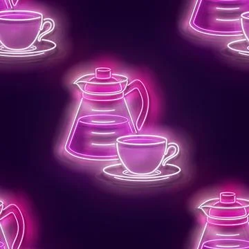 Seamless pattern with glow Coffee Pot with Cups Stock Illustration