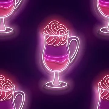 Seamless pattern with glow Cup of Cappuchino or Latte Stock Illustration