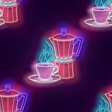 Seamless pattern with glow Cup of Coffee and Geyser Coffee Maker Stock Illustration