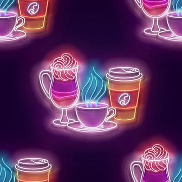 Seamless pattern with glow Cups of Different Coffee Stock Illustration