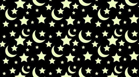 Seamless pattern with glow in dark moons and stars on black background. Stock Illustration