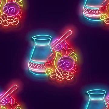 Seamless pattern with glow Decorated Cezve with Roasted on Fire Coffee Beans Stock Illustration