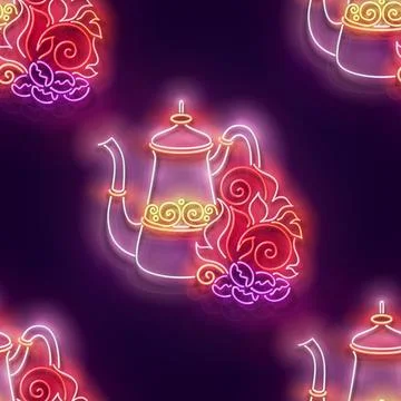 Seamless pattern with glow Decorated Turkish Pot and Roasted on Fire Coffee.. Stock Illustration