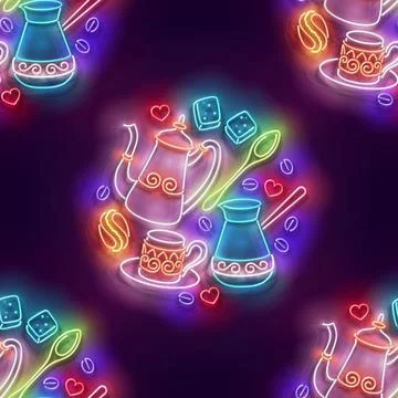 Seamless pattern with glow Different Types of Coffee Stock Illustration