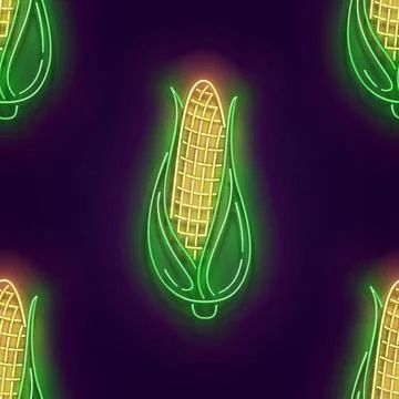 Seamless pattern with glow ear of sweetcorn with green leaves Stock Illustration