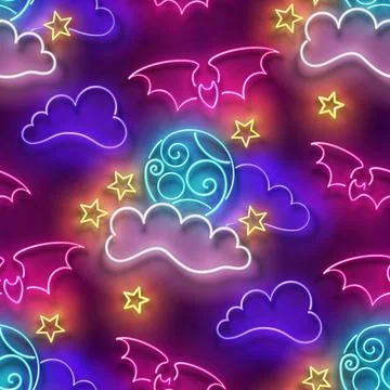 Seamless pattern with glow Flying Vampire Bats on Coundly Night Sky Stock Illustration