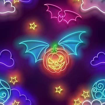 Seamless pattern with glow Flying Vampire Pumpkin on Coundly Night Sky Stock Illustration