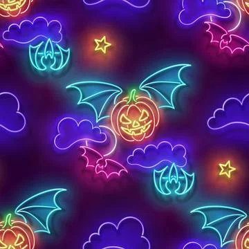 Seamless pattern with glow Flying Vampire Pumpkin on Coundly Night Sky 스톡 일러스트