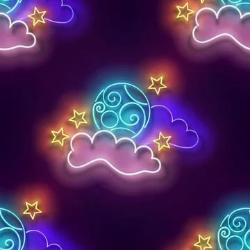 Seamless pattern with glow Full Moon between Clouds and Stars Stock Illustration