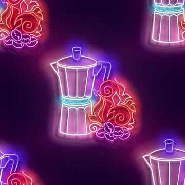 Seamless pattern with glow Geyser Coffee Maker and Roasted on Fire Coffee Bea Stock Illustration
