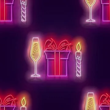 Seamless pattern with glow Gift Box with Beautiful Bow, Champagne and Candle Stock Illustration
