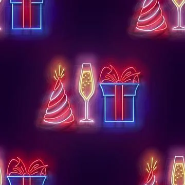 Seamless pattern with glow Gift Box with Beautiful Bow, Champagne and Holid.. 스톡 일러스트