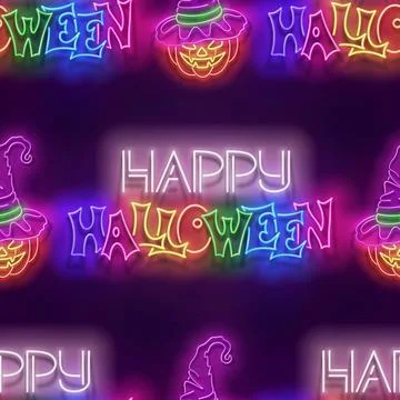 Seamless pattern with glow Happy Halloween Inscription and Witch Pumpkin in H Stock Illustration