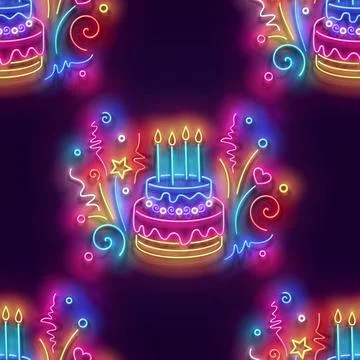 Seamless pattern with glow Holiday Cake with Candles and Confetti Stock Illustration