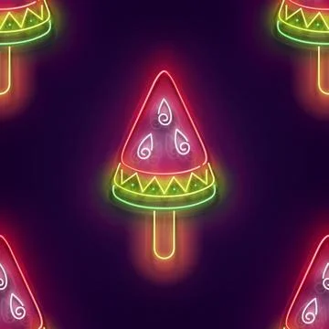 Seamless pattern with glow Ice Cream, Watermelon Piece Stock Illustration