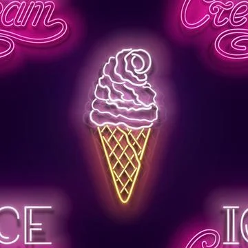Seamless pattern with glow Ice Cream Cone, Ball and Inscription Stock Illustration