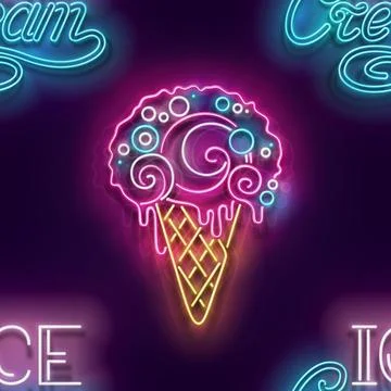 Seamless pattern with glow Ice Cream Cone, Ball and Inscription Illustrazione stock