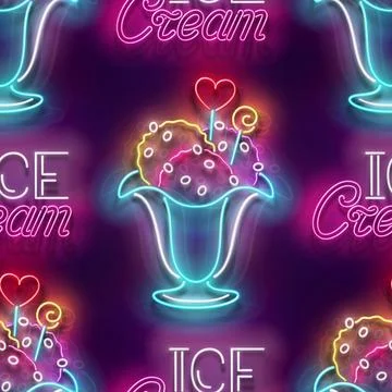 Seamless pattern with glow Ice Cream Balls in Vase, Candies and Inscription Stock Illustration