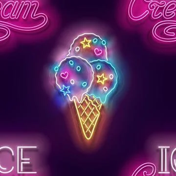 Seamless pattern with glow Ice Cream Balls in Cone, Candies and Inscription Stock Illustration