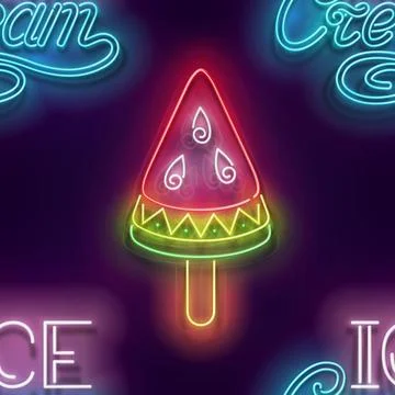 Seamless pattern with glow Ice Cream, Watermelon Piece and Inscription Stock Illustration