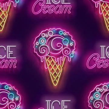 Seamless pattern with glow Ice Cream Cone, Ball and Inscription Stock Illustration