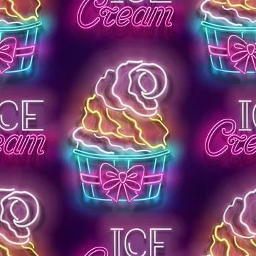 Seamless pattern with glow Ice Cream Cone in Paper Cup and Inscription Stock Illustration