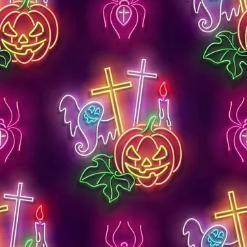 Seamless pattern with glow Jack o'Lantern Pumpkin, Ghosts and Spiders Stock Illustration
