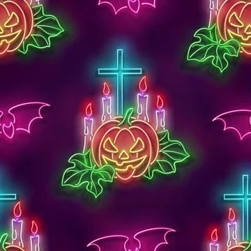 Seamless pattern with glow Jack o'Lantern Pumpkin and Bats Stock Illustration