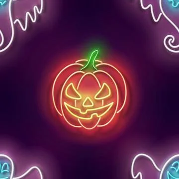 Seamless pattern with glow Jack o'Lantern Pumpkin and Ghost 库存插图