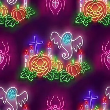 Seamless pattern with glow Jack o'Lantern Pumpkin, Ghosts and Spiders Illustrazione stock