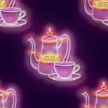 Seamless pattern with glow Metal Cups and Pot of Turkish Coffee Stock Illustration
