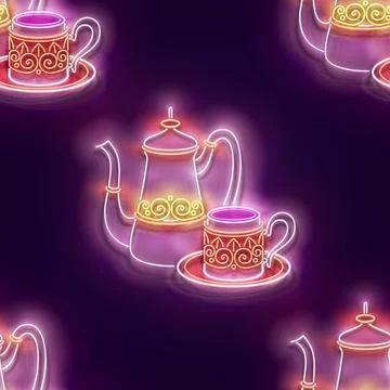 Seamless pattern with glow Metal Cups and Pot of Turkish Coffee Stock Illustration