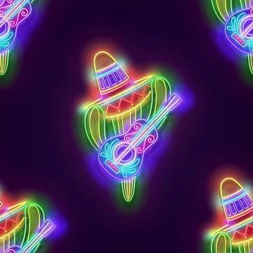 Seamless pattern with glow Mexican cactus in sombrero with guitar Stock Illustration