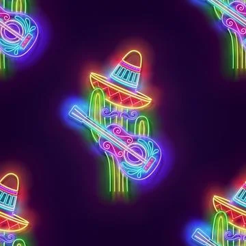 Seamless pattern with glow Mexican cactus in sombrero with guitar Stock Illustration