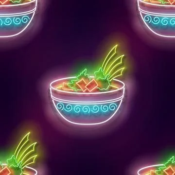 Seamless pattern with glow Mexican soup in bowl with crackers Stock Illustration