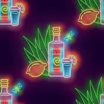 Seamless pattern with glow Mexican tequila, shot, lemon Stock Illustration