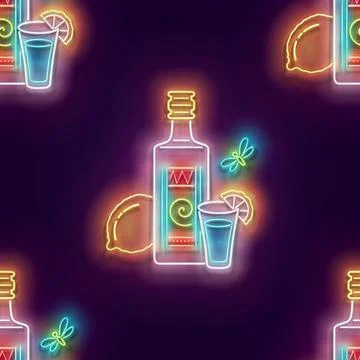 Seamless pattern with glow Mexican tequila, shot, lemon Stock Illustration