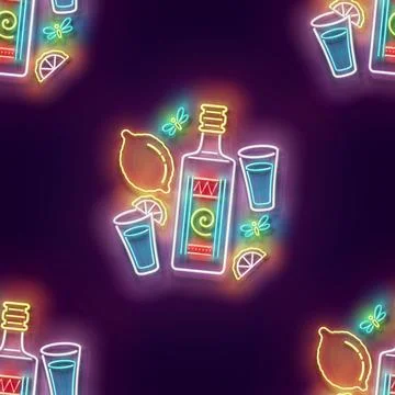 Seamless pattern with glow Mexican tequila, shot, lemon Stock Illustration