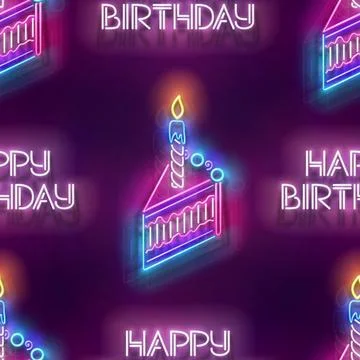 Seamless pattern with glow Piece of Holiday Cake with Candle and Inscription Stock Illustration