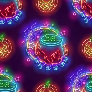 Seamless pattern with glow Potion in Witch's Cauldron and Pumpkins Illustrazione stock