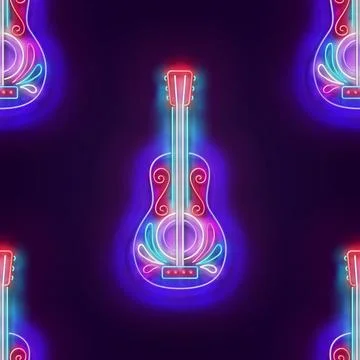 Seamless pattern with glow Spanish Guitar, Ethnic Mexican Culture Stock Illustration
