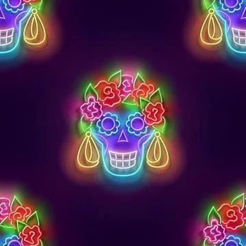Seamless pattern with glow Sugar Skull, Catrina Calavera Stock Illustration