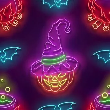 Seamless pattern with glow Witch Pumpkin in Hat and Potion in Witch's Cauldro Illustrazione stock