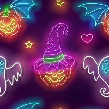 Seamless pattern with glow Witch Pumpkin in Hat, Vampire Pumpkin and Cute Gho Stock Illustration