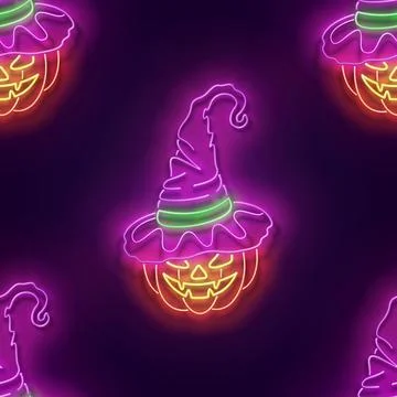 Seamless pattern with glow Witch Pumpkin in Hat Stock Illustration